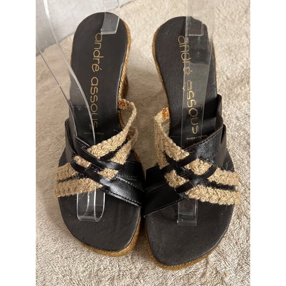 André Assous Women's Espadrille Wedge Sandals Size 7 Black & Natural Leather - Picture 11 of 11